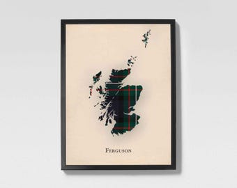 Clan Ferguson Scottish Tartan Map | Ferguson of Scotland Family Wall Decor, Ready to Hang