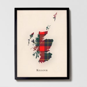 Kilgour Schottische Tartan Landkarte | Kilgour of Scotland Familie Wanddekor, fertig zum Aufhängen, Leinwand, gerahmt, Karte