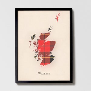 Kaart van clan Wallace Schotse Schotse ruit | Wallace of Scotland familie muurdecoratie, klaar om op te hangen, canvas, ingelijst, kaart