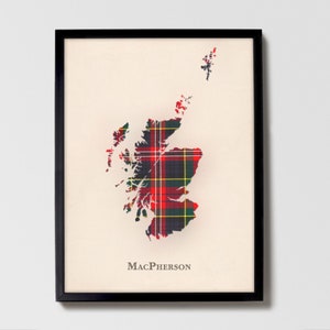 Clan MacPherson Clan Schottische Tartan Landkarte | MacPherson Clan of Scotland Familie Wanddekor, fertig zum Aufhängen, Leinwand, gerahmt, Karte