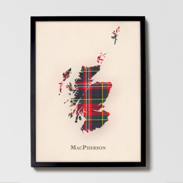 Clan MacPherson Clan Scottish Tartan Map | MacPherson Clan Wall Decor, Ready to Hang, Canvas, Framed, Card designed in Scotland