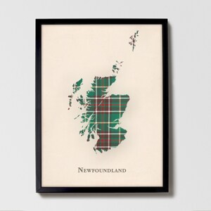 Clan Neufundländer Schottische Tartan Landkarte | Neufundland von Schottland Familie Wanddekor, fertig zum Aufhängen, Leinwand, gerahmt, Karte