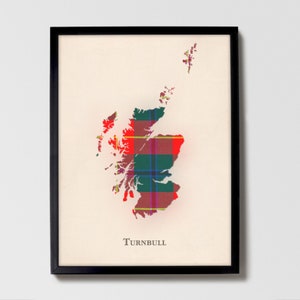 Clan Turnbull Tartan Landkarte | Turnbull of Scotland Familie Wanddekor, fertig zum Aufhängen, Leinwand, gerahmt, Karte