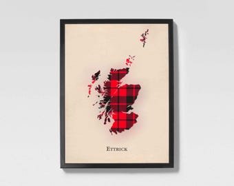 Clan Ettrick Scottish Tartan Map | Ettrick of Scotland Family Wall Decor, Ready to Hang