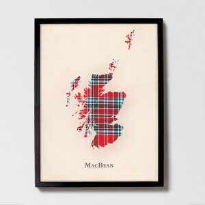 Clan MacBean Schottische Tartan Landkarte | MacBean of Scotland Familie Wanddekor, fertig zum Aufhängen, Leinwand, gerahmt, Karte