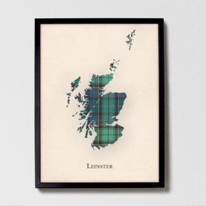 Clan Leinster Tartan Landkarte, Grün Leinster Green of Scotland Familie Wanddekor, fertig zum Aufhängen, Leinwand, gerahmt, Karte
