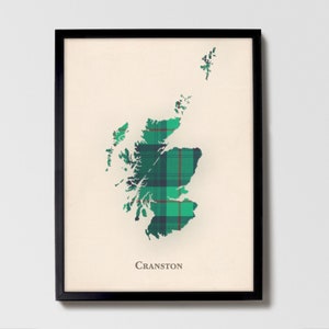 Clan Cranston Schottische Tartan Landkarte | Cranston of Scotland Familie Wanddekor, fertig zum Aufhängen, Leinwand, gerahmt, Karte