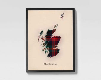 Mapa de tartã escocês do clã MacLennan | Decoração de parede da família MacLennan da Escócia, pronta para pendurar