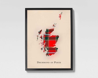 Mappa scozzese del clan Drummond di Perth in tartan / Decorazione murale della famiglia Drummond di Perth in Scozia, pronta da appendere