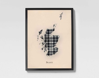 Mapa de tartán escocés en blanco y negro del clan Scott / Decoración de pared familiar de Escocia en blanco y negro, lista para colgar
