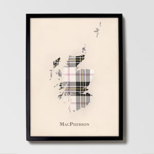 Clan MacPherson Tartan Landkarte | MacPherson of Scotland Familie Wanddekor, fertig zum Aufhängen, Leinwand, gerahmt, Karte