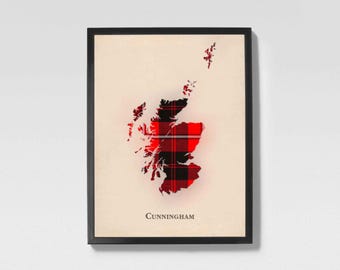 Clan Cunningham Scottish Tartan Map | Cunningham of Scotland Family Wall Decor, Ready to Hang