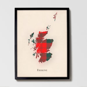 Clan Erskine Schottische Tartan Landkarte | Erskine of Scotland Familie Wanddekor, fertig zum Aufhängen, Leinwand, gerahmt, Karte