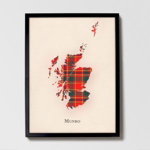 Clan Munro Schottenkaro Landkarte | Munro of Scotland Familie Wanddekor, fertig zum Aufhängen, Leinwand, gerahmt, Karte