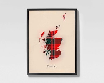 Mapa de tartán escocés del clan Dalziel / Decoración de pared de la familia Dalziel de Escocia, lista para colgar