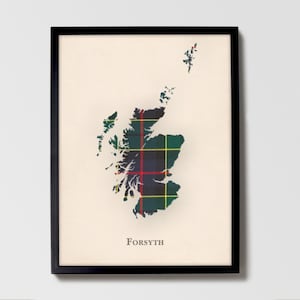 Clan Forsyth Tartan Landkarte | Forsyth of Scotland Familie Wanddekor, fertig zum Aufhängen, Leinwand, gerahmt, Karte