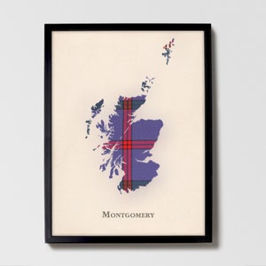 Carte écossaise du clan Montgomery | Décoration murale familiale Montgomery of Scotland, prête à accrocher, toile, encadrée, carton