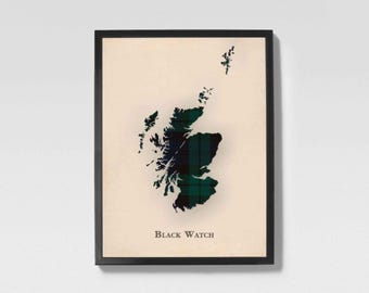 Clan Black Watch Schottische Tartan-Karte | Schwarze Uhr von Schottland Familie Wanddekoration, fertig zum Aufhängen