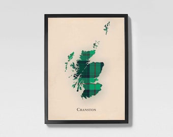 Clan Cranston Schotse Tartan-kaart | Wanddecoratie familie Cranston of Scotland, klaar om op te hangen
