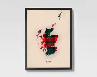 Mapa de tartán escocés del clan Kerr / Decoración de pared familiar Kerr de Escocia, lista para colgar