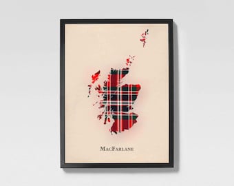 Clan MacFarlane Clan Schotse Tartan-kaart | MacFarlane Clan of Scotland familie muurdecoratie, klaar om op te hangen