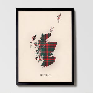 Clan Buchan Schottische Tartan Landkarte | Buchan of Scotland Familie Wanddekor, fertig zum Aufhängen, Leinwand, gerahmt, Karte