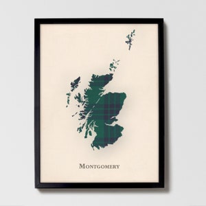 Clan Montgomery Blaue Schottenkaro Landkarte | Montgomery Blue of Scotland Familie Wanddekor, fertig zum Aufhängen, Leinwand, gerahmt, Karte