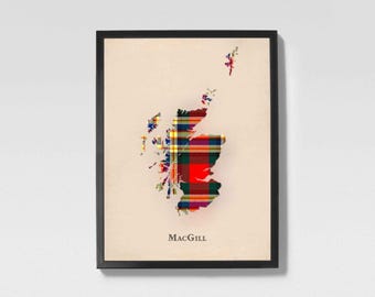 Clan MacGill Tartan Landkarte | MacGill of Scotland Familie Wanddekoration, fertig zum Aufhängen