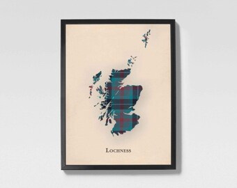 Clan Lochness Scottish Tartan Map | Lochness of Scotland Family Wall Decor, Ready to Hang