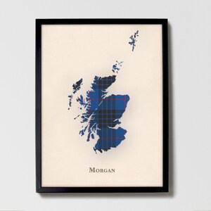 Clan Morgan Schottenkaro Landkarte | Morgan von Scotland Familie Wanddekor, fertig zum Aufhängen, Leinwand, gerahmt, Karte