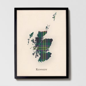 Kennedy Clan Schottische Tartan Landkarte | Kennedy von Schottland Familie Wanddekor, fertig zum Aufhängen, Leinwand, gerahmt, Karte