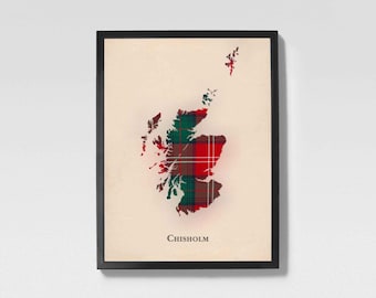 Clan Chisholm Red Scottish Tartan Map | Chisholm Red of Scotland Family Wall Decor, Ready to Hang