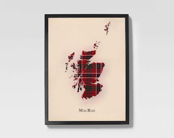 Mapa de tartã escocês do clã MacRae | Decoração de parede da família MacRae Clan of Scotland, pronta para pendurar