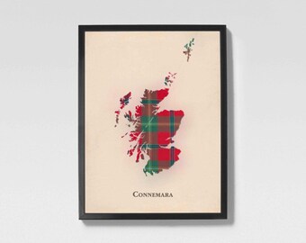 Clan Connemara Scottish Tartan Map | Connemara of Scotland Family Wall Decor, Ready to Hang