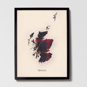 Clan Angus Schottische Tartan Landkarte | Angus von Scotland Familie Wanddekor, fertig zum Aufhängen, Leinwand, gerahmt, Karte