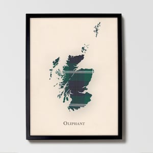 Clan Oliphant Schottische Tartan Landkarte | Oliphant of Scotland Familie Wanddekor, fertig zum Aufhängen, Leinwand, gerahmt, Karte