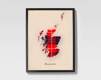 Clan Hamilton Red Scottish Tartan Map | Hamilton Red of Scotland Family Wall Decor, Ready to Hang