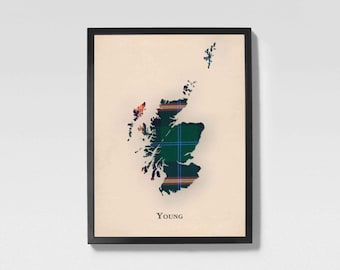Mapa de tartã escocês do clã Young | Decoração de parede da família Young of Scotland, pronta para pendurar