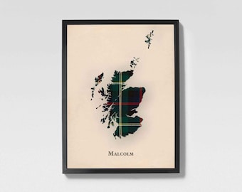 Clan Malcolm Schottische Tartan Landkarte | Malcolm of Scotland Familie Wanddekor, fertig zum Aufhängen