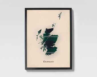Clan Oliphant Scottish Tartan Map | Oliphant of Scotland Family Wall Decor, Ready to Hang
