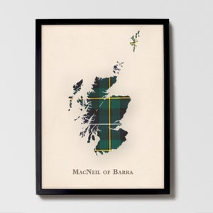Clan MacNeil of Barra Schottische Tartan Karte | MacNeil von Barra of Scotland Familie Wanddekor, fertig zum Aufhängen, Leinwand, gerahmt, Karte