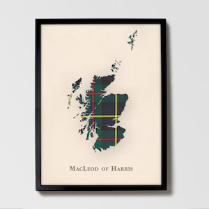 Clan MacLeod of Harris Schottische Tartan Landkarte | MacLeod of Harris of Scotland Familie Wanddekor, fertig zum Aufhängen, Leinwand, gerahmt, Karte