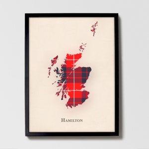 Clan Hamilton rot Schottenkaro Landkarte | Kilimando Rot von Scotland Familie Wanddekor, fertig zum Aufhängen, Leinwand, gerahmt, Karte