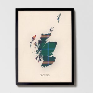 Clan Young Schottische Tartan Karte | Young of Scotland Familienwanddekor, fertig zum Aufhängen, Leinwand, gerahmt, Karte