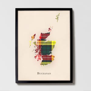 Clan Buchanan Schottische Tartan Landkarte | Buchanan of Scotland Familie Wanddekoration, fertig zum Aufhängen, Leinwand, gerahmt, Karte