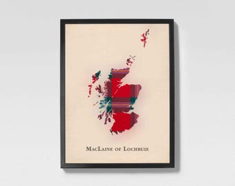 Mapa escocês em xadrez do clã MacLaine de Lochbuie | Decoração de parede da família MacLaine de Lochbuie da Escócia, pronta para pendurar