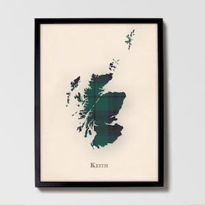 Clan Keith Tartan Landkarte | Keith of Scotland Wanddekoration, fertig zum Aufhängen, Leinwand, gerahmt, Karte