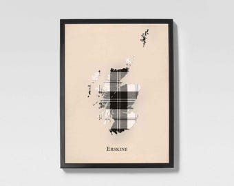 Mapa de tartán escocés en blanco y negro del clan Erskine / Decoración de pared familiar de Escocia en blanco y negro, lienzo de Escocia