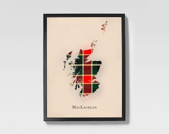 Mapa antigo de tartã escocês do clã MacLachlan | Decoração de parede da família MacLachlan Old of Scotland, pronta para pendurar