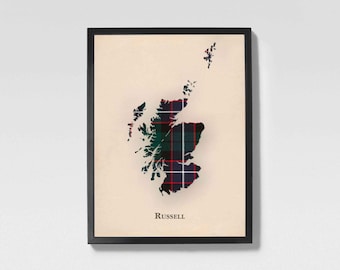 Clan Russell Scottish Tartan Map | Russell of Scotland Family Wall Decor, Ready to Hang